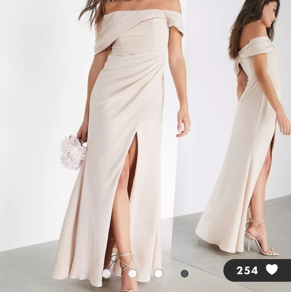 ASOS EDITION satin bardot drape wrap maxi dress in pink, bridesmaid dress - Picture 2 of 4